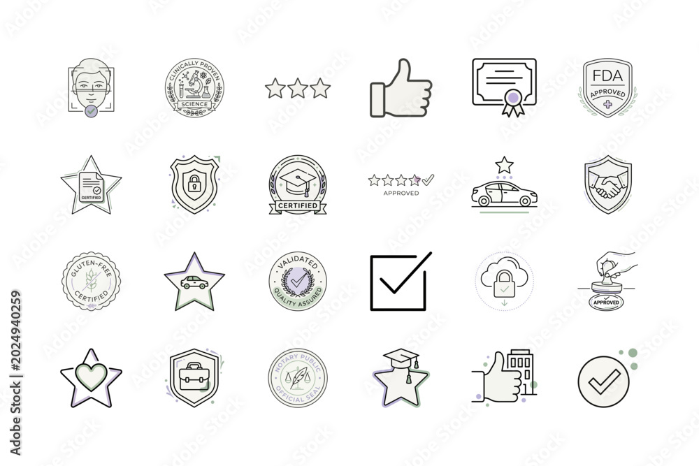 Fototapeta premium Certification line icons or Approved verification outline graphic symbols