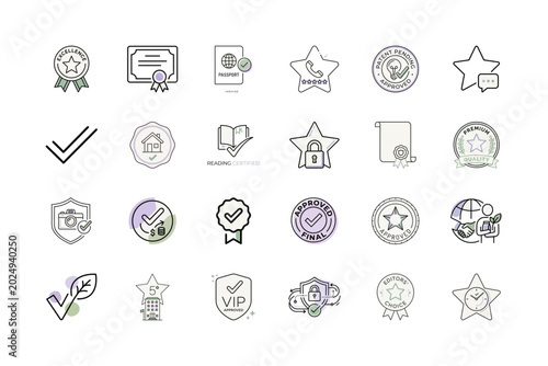 Approved Verification Line Icons or Approval Sign Badge Vector Collection
