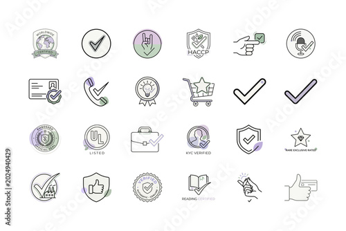 Checkmark Approved Icon Set or Verification Badge Line Art Icons