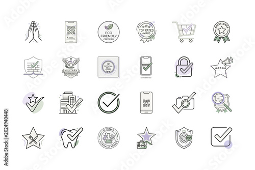Checkmark Icon Set Line Art Style or Thin Line Certified Approved Icons