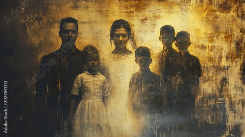 Silhouetted against a golden backdrop, a group of figures embody a mysterious family portrait. Their expressions evoke intrigue and melancholy, drawing viewers into a dreamlike realm
