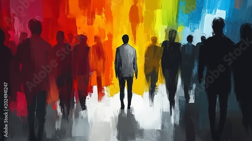 A lone figure walks confidently through a colorful crowd, surrounded by shades of vibrant hues. The evening sky glows in the background, creating a beautiful urban atmosphere