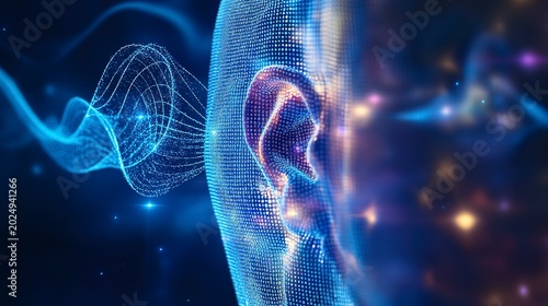 A stunning visual reveals a human silhouette captured in electric blue tones, surrounded by swirling waves of digital sound and light. This blend embodies the harmony between humanity and technology