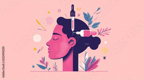 A graceful woman’s profile stands out against a lively pink background, surrounded by beauty tools and colorful botanical elements, celebrating self-care and wellness