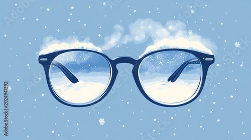 Frosted spectacles reflect a snowy landscape, their lenses surrounded by whimsical clouds and delicate snowflakes, capturing the essence of a chilly winter day