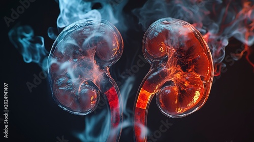 This artwork showcases a pair of human kidneys, illuminated in bright red and blue hues. Smoke surrounds the organs, creating an ethereal and dynamic effect that symbolizes vitality and health