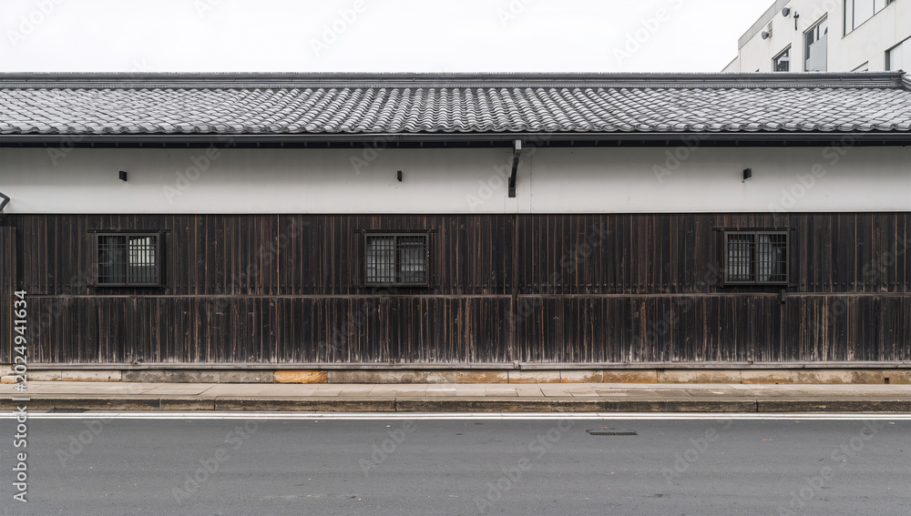 Obraz premium 白壁と焼杉板の古い土蔵が静かに並ぶ日本の町並み風景