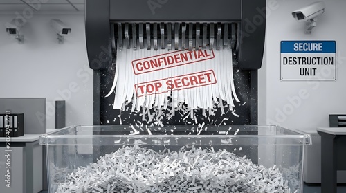 Confidential and top secret documents being shredded in a secure destruction unit data privacy concept document destruction paper shredding