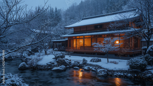 雪の庭に面した木造旅館が温かな灯りをともす冬の和風風景
