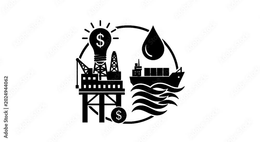 Fototapeta premium Minimal black silhouette icon, simple flat vector, bold black shape, no, no shading oil and gas industry icon with offshore platform and tanker ship on a, flat icon style