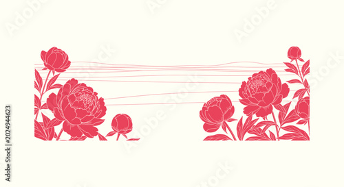 Photography Beautiful Pink Peony Blossom Banner Illustration with Hand Drawn Floral Line Art