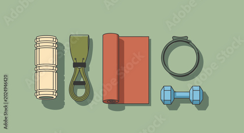 fitness equipment and essential exercise gear featuring a yoga mat resistance band foam roller pilates ring and dumbbell arranged for home workout and wellness.
