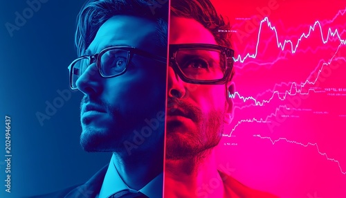  Split.screen investors — one exuberant in a trading room with bullish charts, the other serene in a library with books, symbolizing contrasting approaches to market analysis