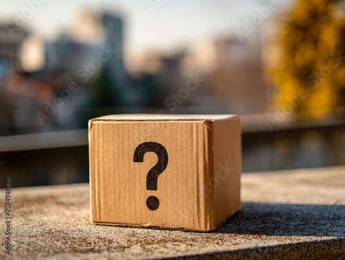 Small cardboard box with prominent question mark on the side placed on textured surface with blurred urban background and warm natural lighting during golden hour