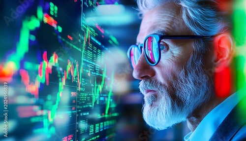  Split.screen investors — one exuberant in a trading room with bullish charts, the other serene in a library with books, symbolizing contrasting approaches to market analysis