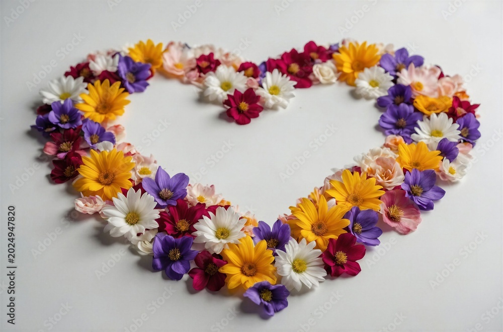 Naklejka premium Flowers arranged in a heart shape on a white background.