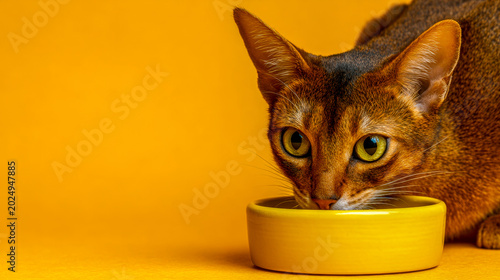 Abyssinian cat with large green eyes drinking water from a yellow bowl against a bright solid yellow background in a cozy setting
