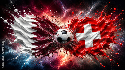 liquify country flags of Qatar and Switzerland splash towards each other, 
with a soccer ball in the middle, football Word cup 2026,