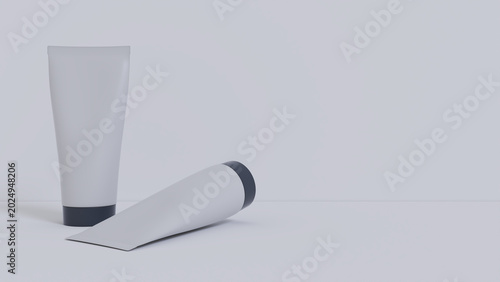 3D Cosmetic Tube Mockup — Standing and Lying Blank White Squeeze Tubes on Clean Gray Background