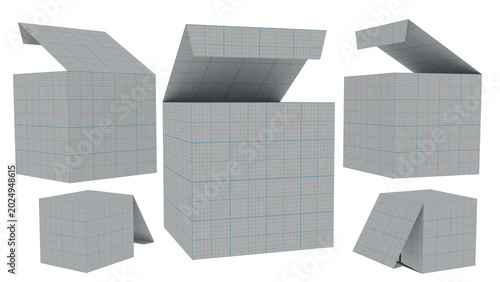 High-quality 3D rendered cube box mockup set featuring multiple angles including open lid, closed, and half-open positions.