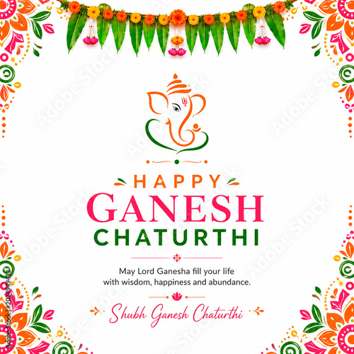 Happy Ganesh Chaturthi Post and Greeting Card. Birthday Celebration of Lord Ganesh Banner and Poster with Text