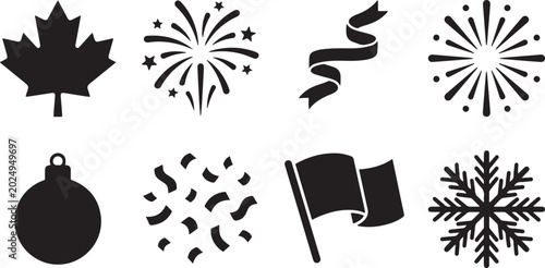 Fotografie Celebration icons set with maple leaf fireworks ribbon confetti flag snowflake o