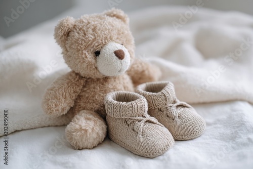 Soft teddy bear sitting on a cozy bed next to a pair of knitted baby booties symbolizing warmth and gentle care for newborns and infants