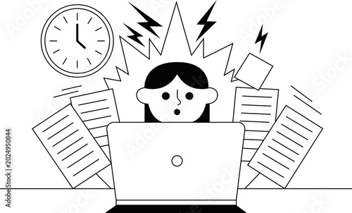 Freelancer Working from Home Deadline Rush Line Art Illustration with Laptop and Stress