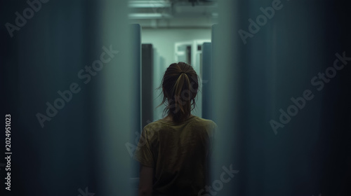 Young woman with ponytail seen from behind walking through dimly lit narrow corridor framed by dark walls. Powerful image for loneliness, mental health, uncertainty and inner journey concepts.