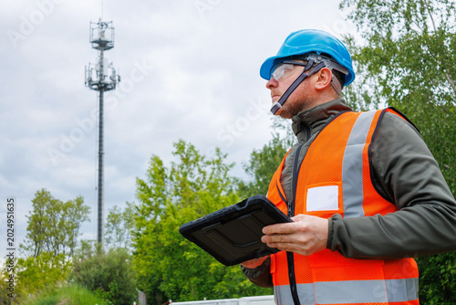 Telecommunications engineer wearing a hard hat and safety vest inspects a cell phone tower and records data on a monitoring app on a digital tablet.
