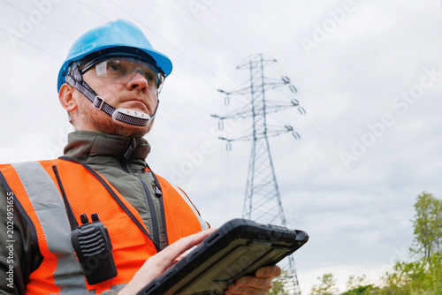 Close-up of electrical engineer wearing a safety vest and hard hat using a digital tablet while inspecting power line towers. Energy technician conducts field monitoring of power lines.