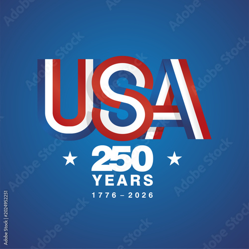 USA Independence Day 2026. United States of America 250th Anniversary. 250 years. 4th of July blue white red ribbon with stars blue background