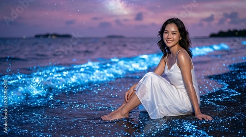 young woman sitting on beach at night with bioluminescent waves glowing blue