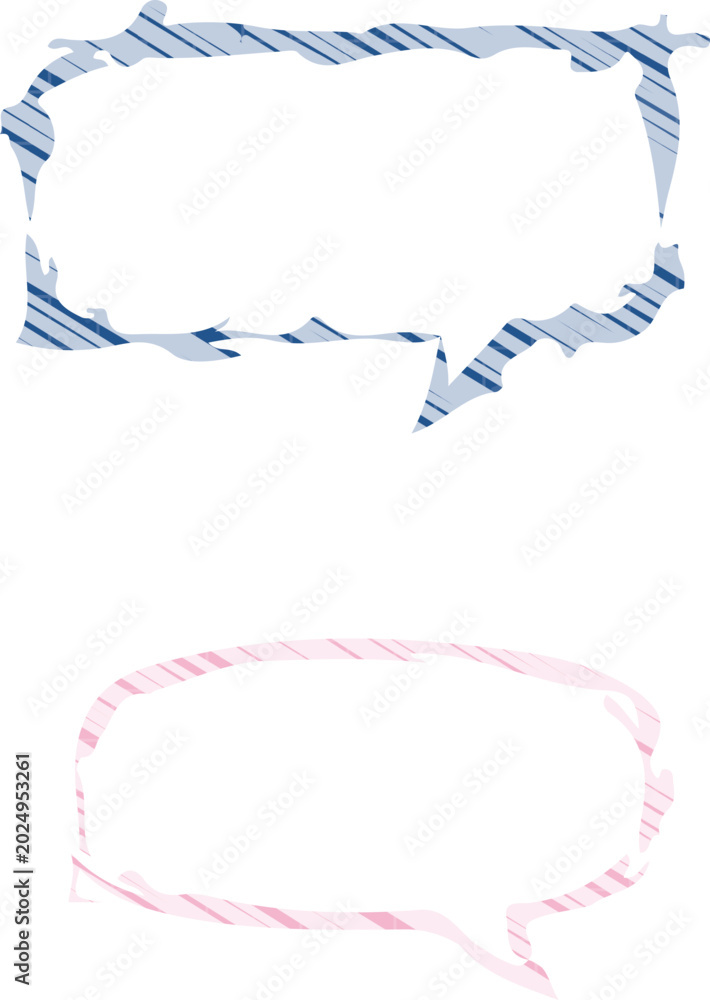 Obraz premium Two hand drawn speech bubbles with blue and pink striped borders on white thought bubble