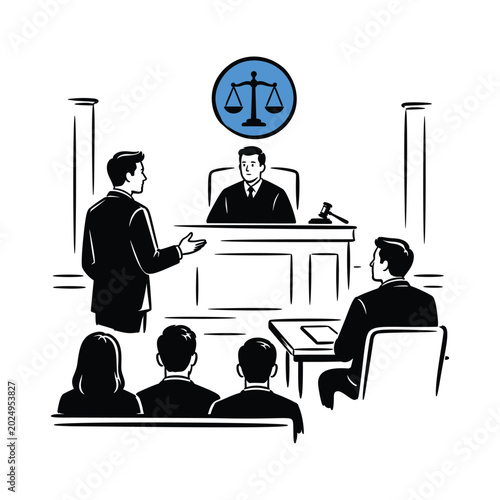Fotografie Sketch of a courtroom trial with a judge presiding at the bench, a lawyer presenting an argument, a seated attorney, and public gallery spectators with a blue scales of justice icon