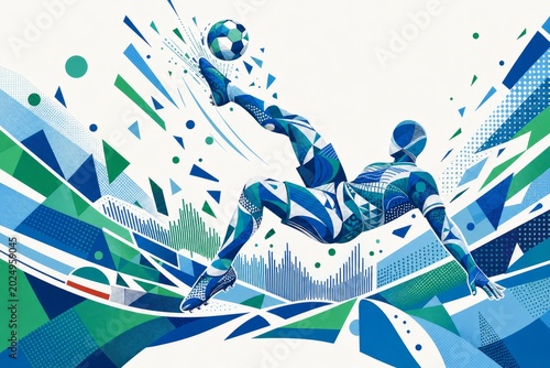 Uzbekistan national football team wallpaper, banner, background. Uzbekistan soccer player performing an aerial bicycle kick in a dynamic geometric poster design.