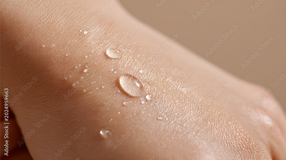 Fototapeta premium Close-up of human skin with clear water drops, showcasing hydration and natural beauty in a vibrant, fresh, and pristine context