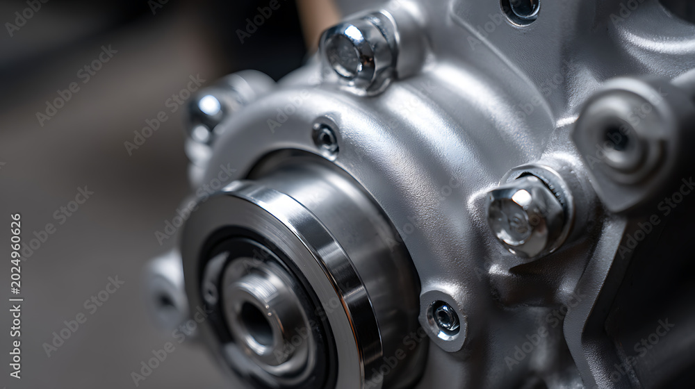 Fototapeta premium Close-up of a high-precision silver-toned metal component with bolts and mechanical elements, showcasing meticulous engineering and material quality