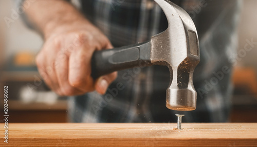 carpenter using a hammer to hit a nail