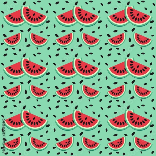 Refreshing summer seamless pattern. This design with slices of ripe watermelon on green background. Perfect for fabric printing, kitchen decor, picnic themes, and seasonal marketing graphics