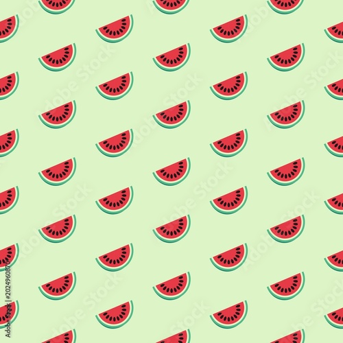 Vibrant summer seamless pattern with fresh watermelon slices with black seeds on a light green background. Clean vector design for tropical textiles, wallpapers, and wrapping paper