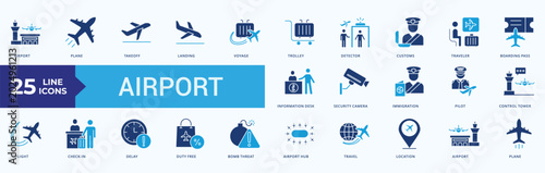 Foto Airport Icon Set Flat blue STyle Illustration Vector with airport, plane, takeof