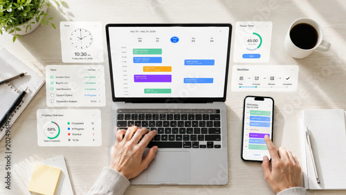 Productivity schedule calendar laptop smartphone workspace digital planning organization