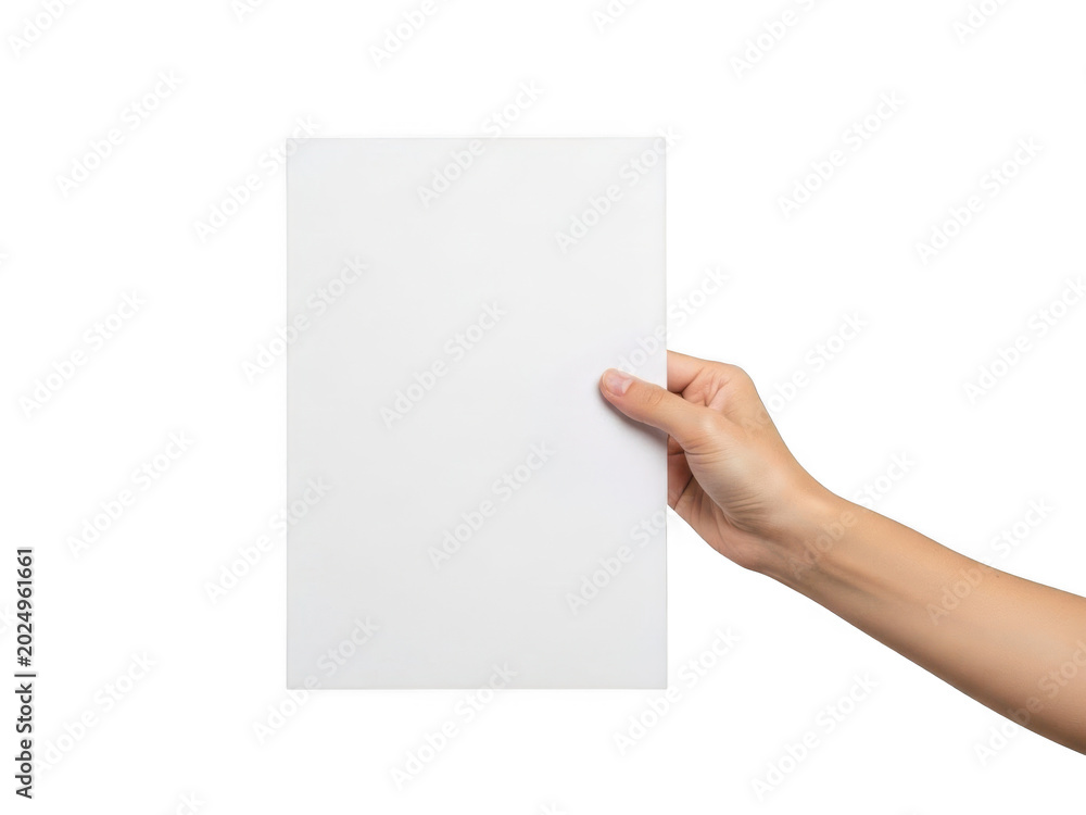 Obraz premium Hand holding a blank white sheet of paper vertically isolated on transparent background