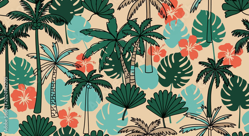 a natural seamless tropical pattern featuring lush palm trees monstera leaves and hibiscus flowers ideal for summer textile or exotic decor.