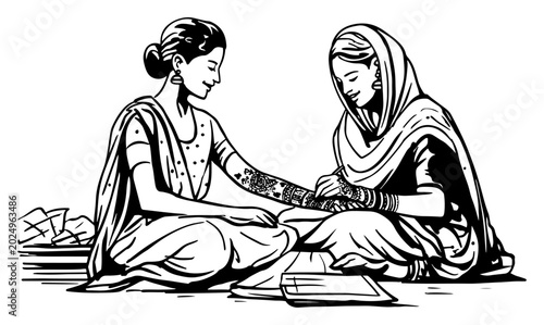 Quadro su tela Traditional Indian Henna Mehendi Application, Two Women in Sari Drawing Cultural