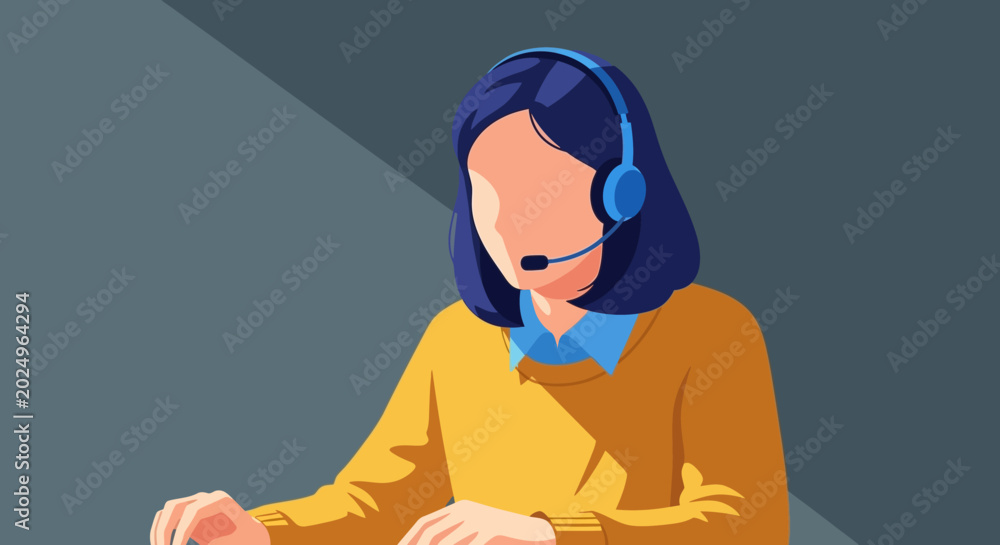 Fototapeta premium Illustration of woman wearing headset working on computer
