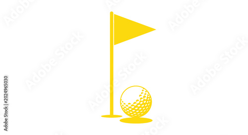 Tableau sur toile Yellow golf ball and flagstick icon on white background