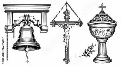 Tableau sur toile Christian Religious Symbols: Bell, Crucifix, Font, Olive Branch - Vintage Illust