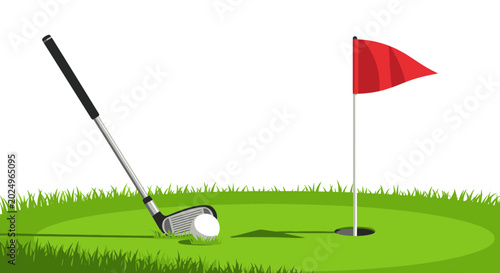 Картината върху платно Golf club hitting ball on green near flag and hole, sport concept